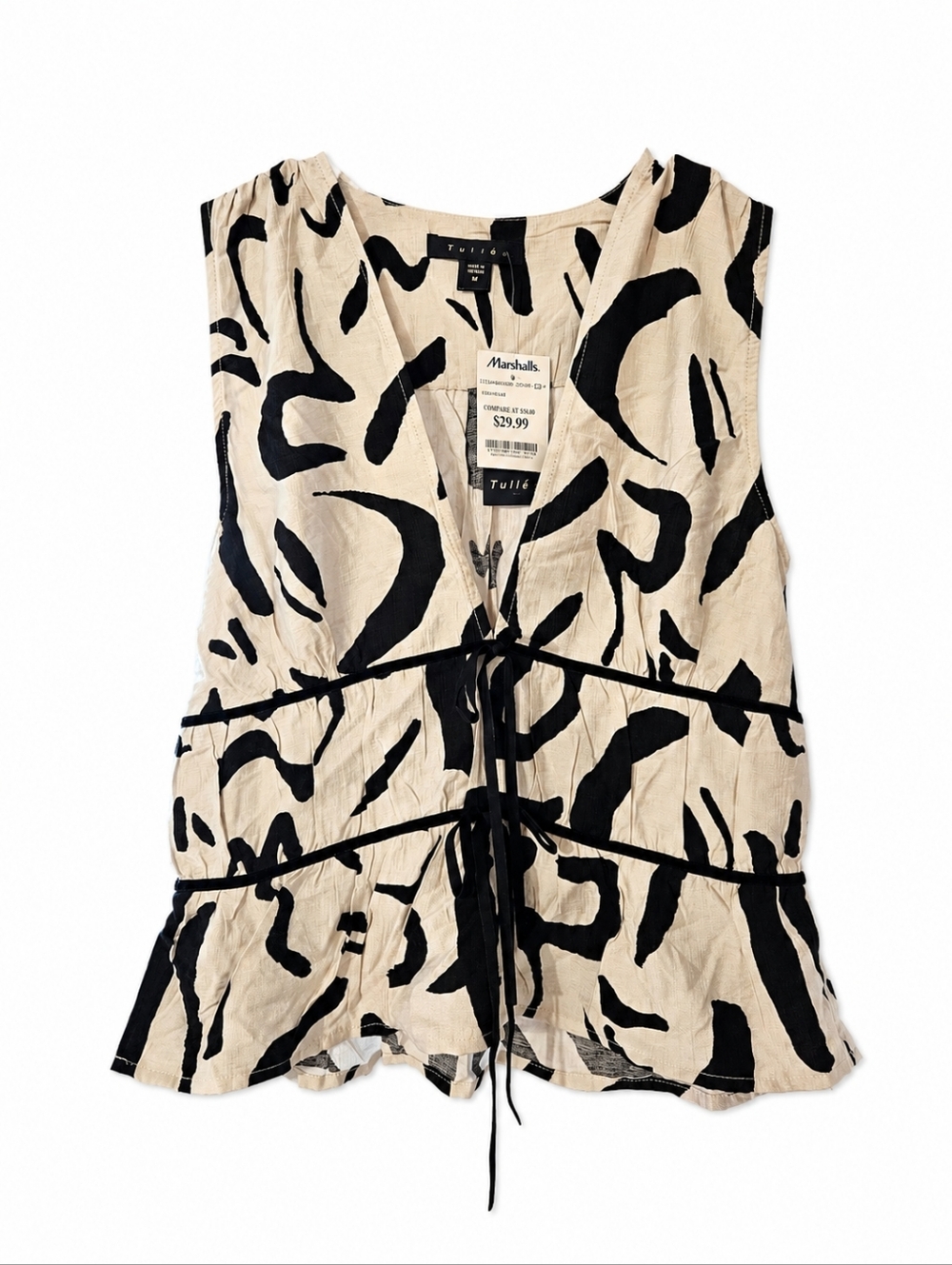Tulle Black & Cream Abstract Print V-Neck Tie-Front Tank